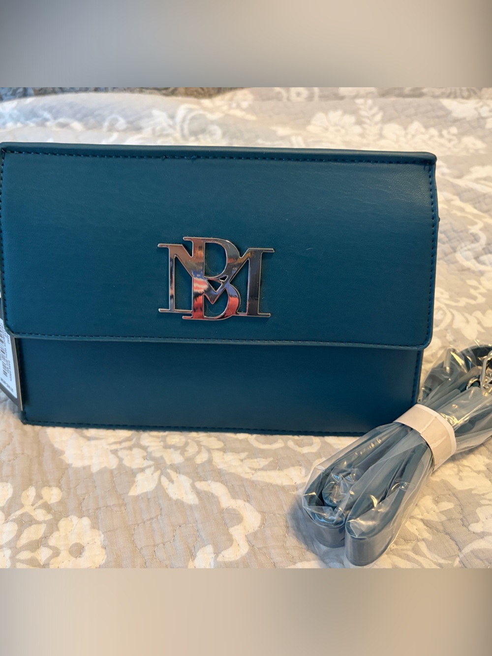 Badgley Mischka Teal Leather Crossbody Bag with Silver Logo
